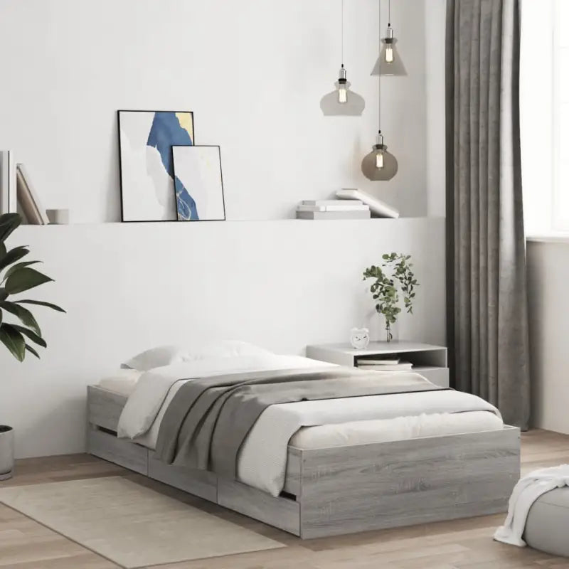 Moderne bedframe met lades van bewerkt hout voor een stijlvolle slaapkamer - Grijs sonoma / 100 x 200 cm - Bedden &