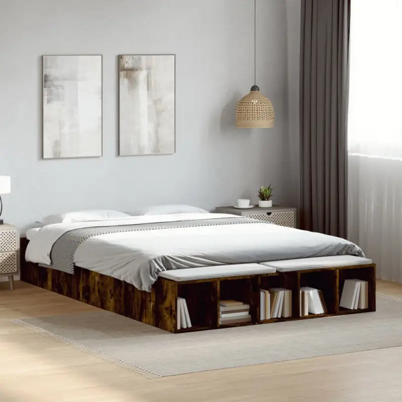 Moderne Grijs Sonoma Bedframe van Bewerkt Hout voor de Slaapkamer - Gerookt eiken / 160 x 200 cm - Bedden & bedframes