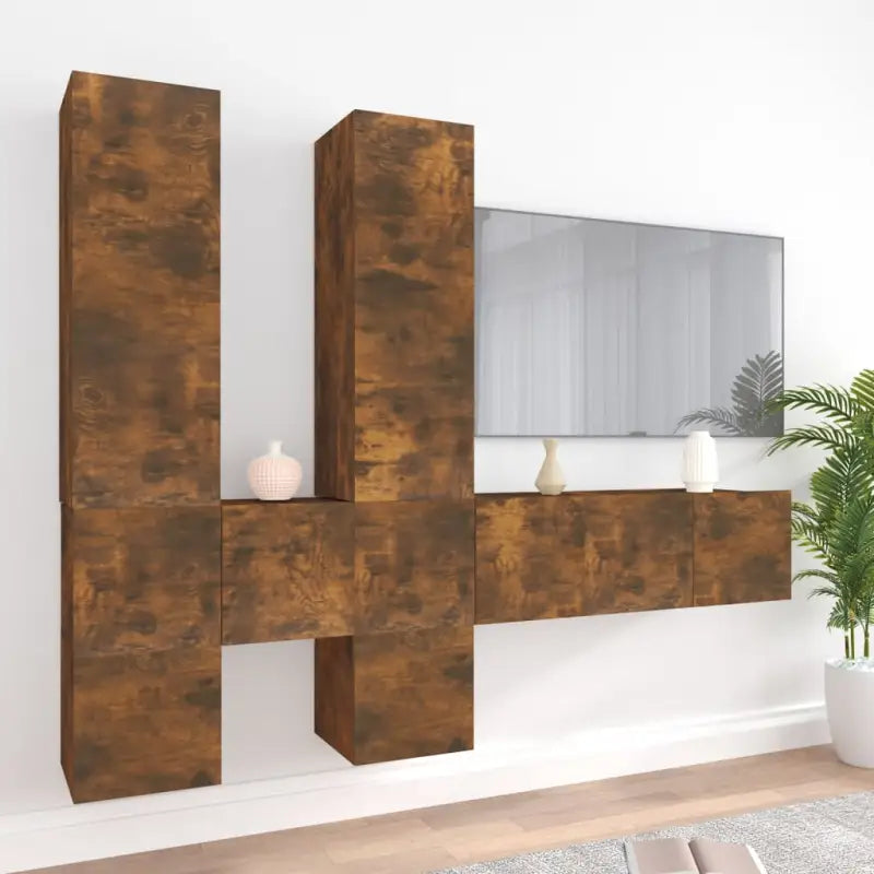 Moderne hangende tv-meubelset van bewerkt hout met veel opbergruimte - Gerookt eiken / 7 / 60 cm - Tv-meubels