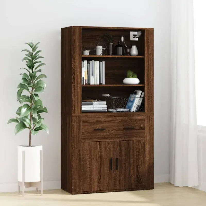 Moderne hoge kast van bewerkt hout voor een stijlvolle uitstraling - bruin eikenkleur / 1 - Dressoirs & buffetkasten