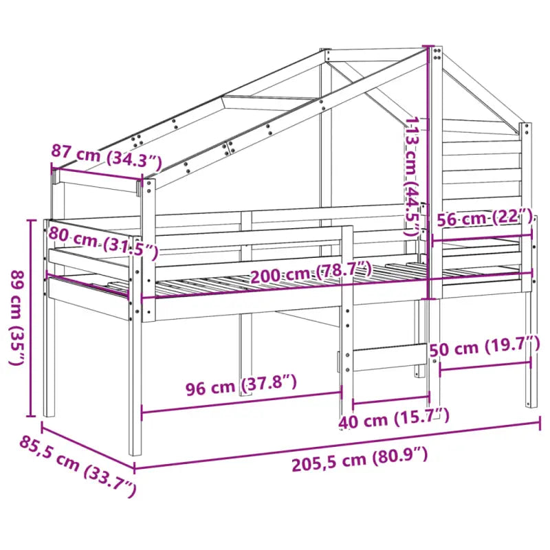 Moderne hoogslaper in massief grenenhout met open zijdeur in wit materiaal - Bedden & bedframes