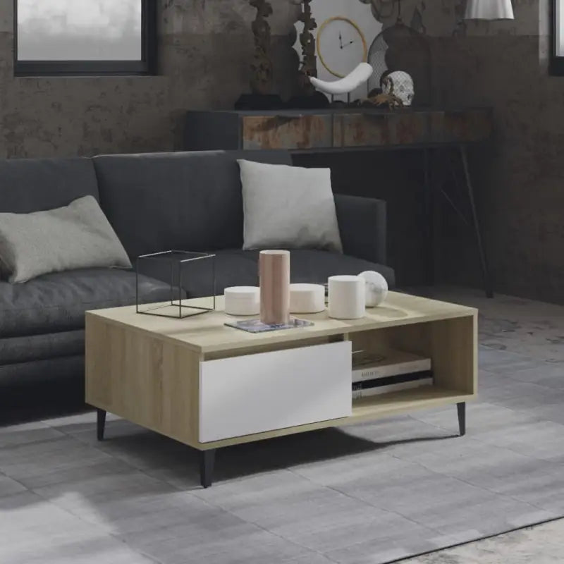 Moderne salontafel in grijs sonoma bewerkt hout met opbergshulp - Wit en sonoma eiken / 1 - Salontafels