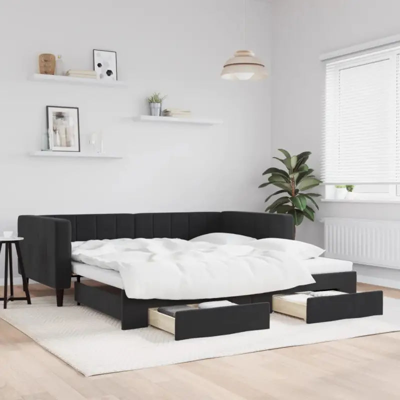 Moderne slaapbank met onderschuifbed voor praktische woon- en slaapkamer - Zwart / 100 x 200 cm / met onderschuifbed