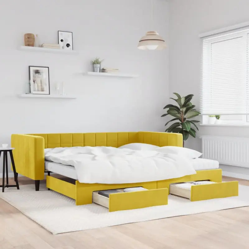 Moderne slaapbank met onderschuifbed voor praktische woon- en slaapkamer - Geel / 100 x 200 cm / met onderschuifbed