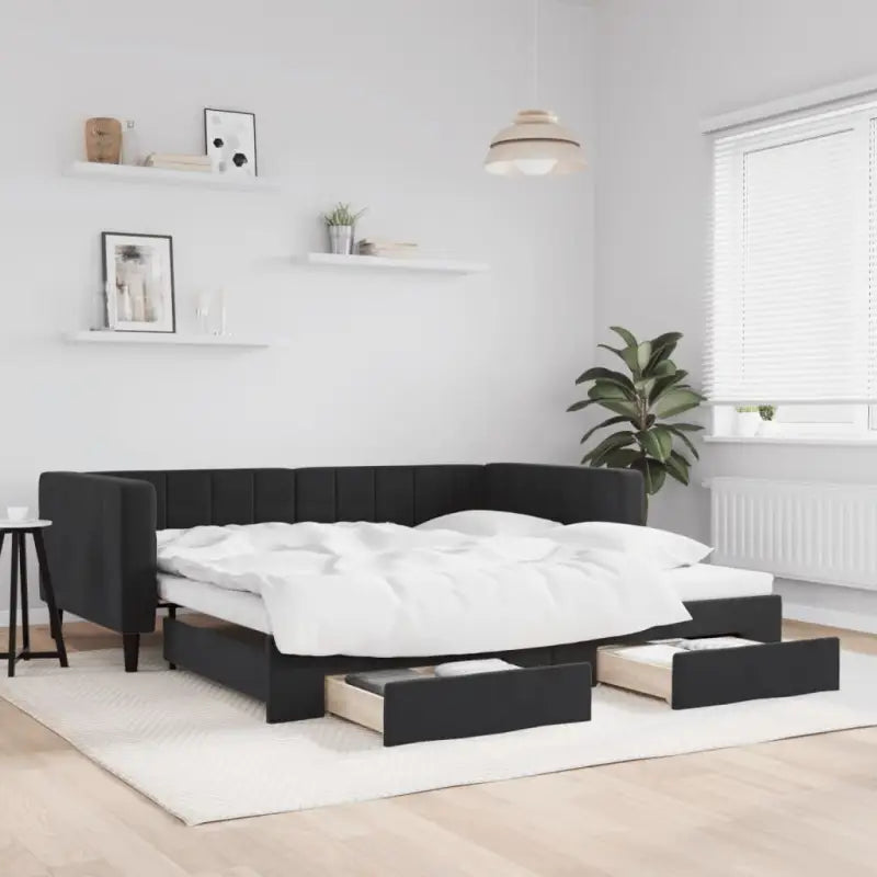 Moderne slaapbank met onderschuifbed voor praktische woon- en slaapkamer - Zwart / 90 x 190 cm / met onderschuifbed