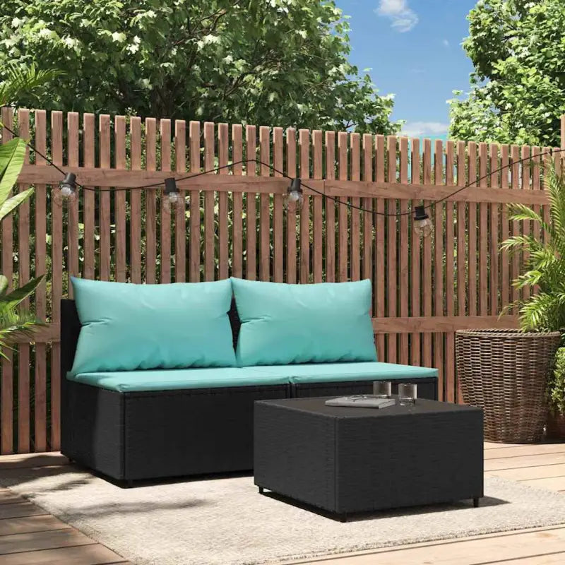 Moderne tuinbank van poly rattan voor dineren en ontspannen - Zwart en blauw / 1 / 2x midden + Tafel - Loungebanken