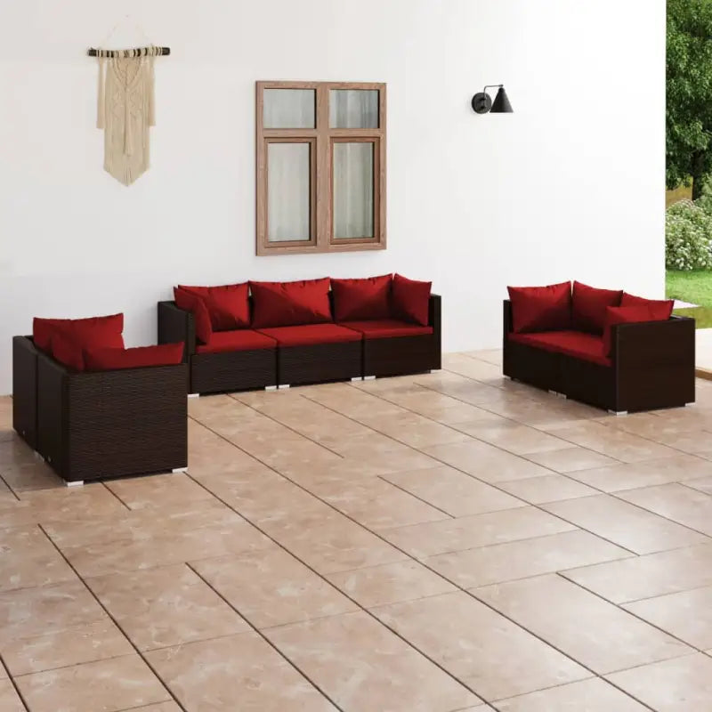 Moderne Tuinset met comfortabele zitkussen en stevige afmetingen - Bruin en kaneelrood / 6x hoek + midden - Tuinsets