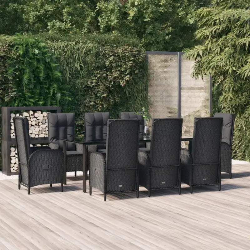 Moderne tuinset van poly rattan met gehard glas en eenvoudig schoon - Zwart / 200 cm tafellengte / 8x stoel + Tafel