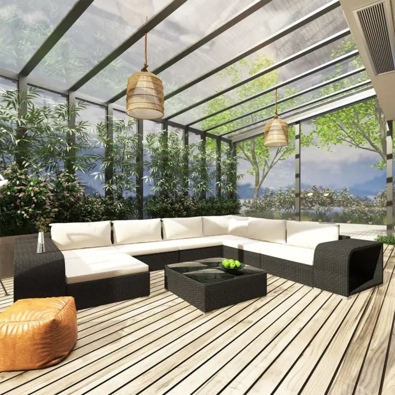 Modulaire tuinbankset met gepoedercoat stalen frame en bijzettafels - Zwart en wit - Tuinsets