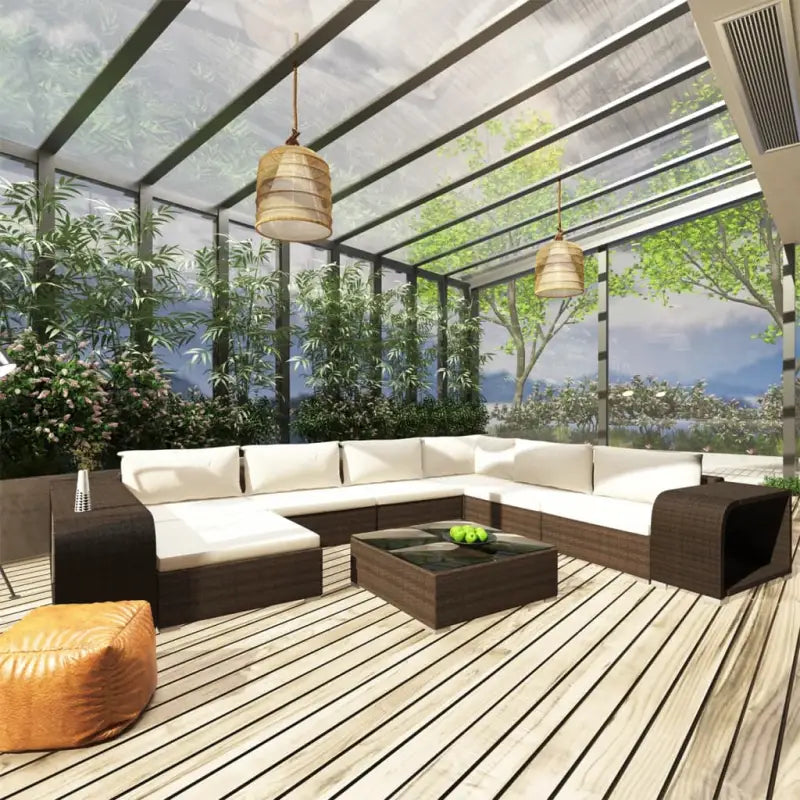 Modulaire tuinbankset met gepoedercoat stalen frame en bijzettafels - Bruin - Tuinsets