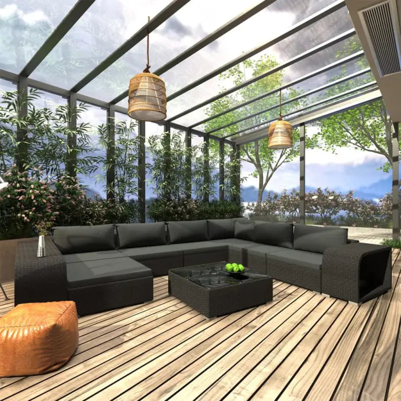 Modulaire tuinbankset met gepoedercoat stalen frame en bijzettafels - Zwart - Tuinsets