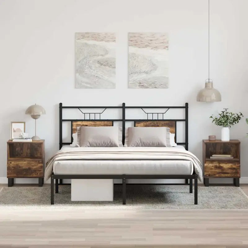 Nachtkastje met bewerkt hout en metalen poten voor een strak interieur - Gerookt eiken / 2 - Nachtkastjes