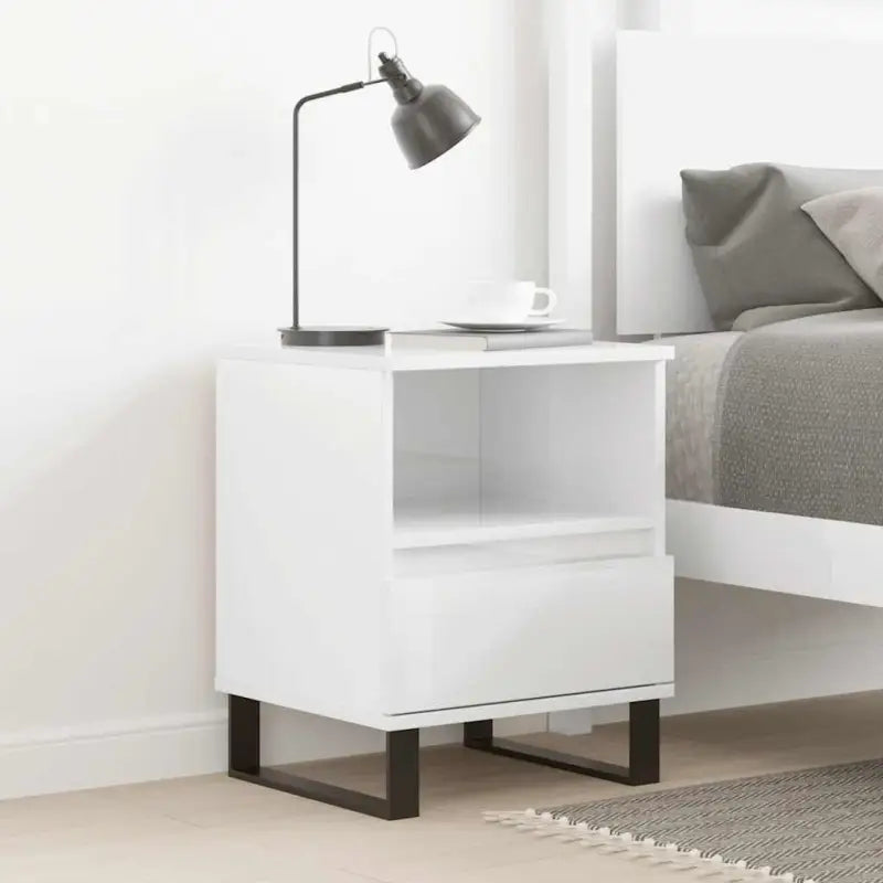 Nachtkastje met bewerkt hout en metalen poten voor een strak interieur - Hoogglans wit / 1 - Nachtkastjes