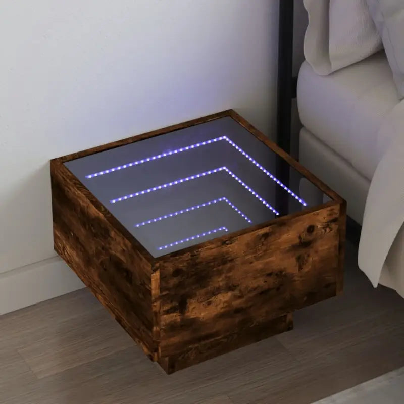 Nachtkastje met infinity LED en bewerkt hout voor een stijlvolle kamer - Gerookt eiken / 1 - Nachtkastjes