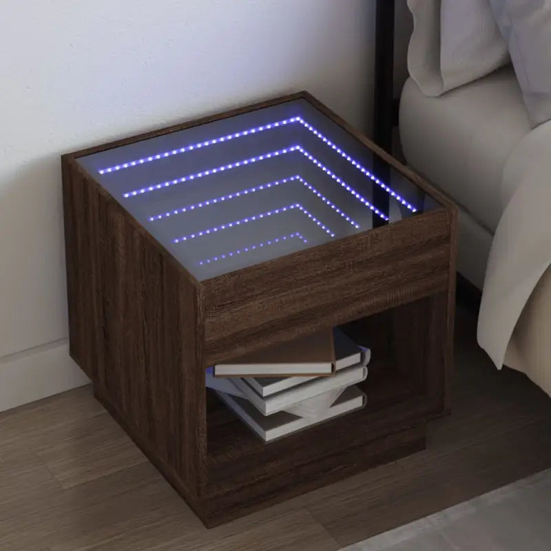 Nachtkastje van bewerkt hout met infinity LED-verlichting en duurzaam design - bruin eikenkleur / 50 x 50 x 50 cm / 1