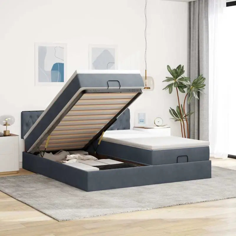 Ottomaan bed met ruime opbergruimte en zacht roze materiaal - Donkergrijs / 200 x 200 cm / Getuft ontwerp - Bedden &