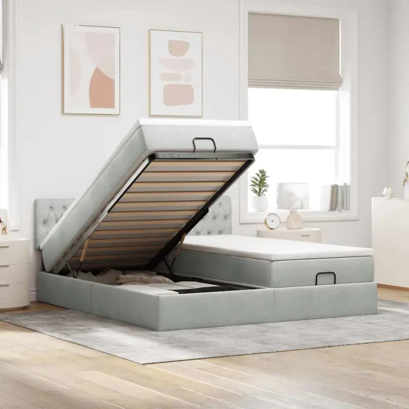 Ottomaan bed met ruime opbergruimte en zacht roze materiaal - Lichtgrijs / 180 x 200 cm / Getuft ontwerp - Bedden &