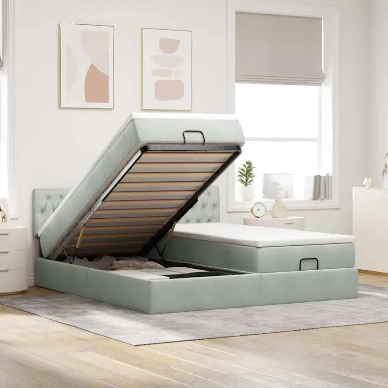 Ottomaan bed met ruime opbergruimte en zacht roze materiaal - Lichtgrijs / 200 x 200 cm / Getuft ontwerp - Bedden &