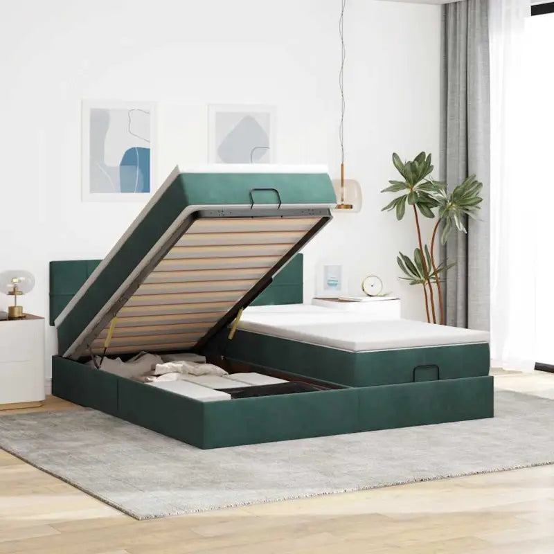 Ottomaan bed met ruime opbergruimte en zacht roze materiaal - Donkergroen / 180 x 200 cm / Blok met vierkanten - Bedden