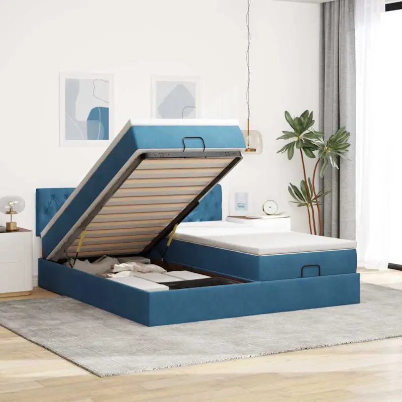 Ottomaan bed met ruime opbergruimte en zacht roze materiaal - Donkerblauw / 200 x 200 cm / Getuft ontwerp - Bedden &