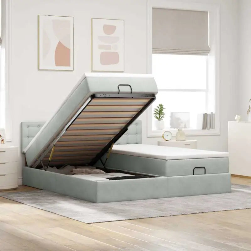 Ottomaan bed met ruime opbergruimte en zacht roze materiaal - Lichtgrijs / 200 x 200 cm / Knopen - Bedden & bedframes