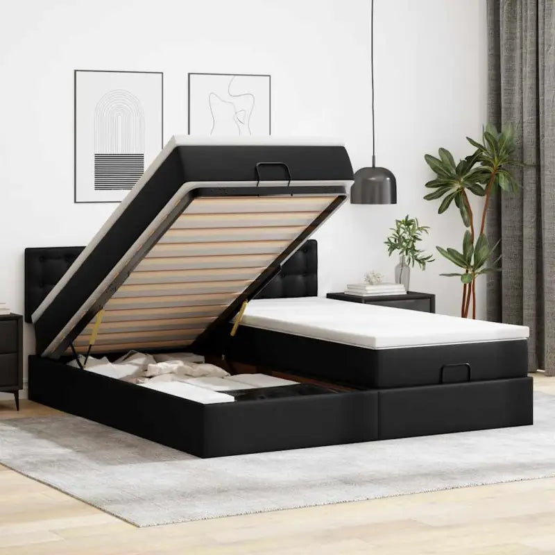 Ottomaans bed met wit materiaal en ruime opbergruimte - Zwart / 160 x 200 cm - Bedden & bedframes