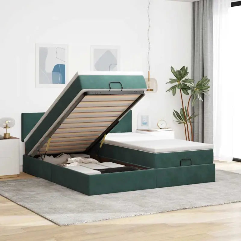 Ottomaanse bed met ruime opbergruimte en roze materiaal vulling - Donkergroen / 160 x 200 cm / Effen ontwerp - Bedden &
