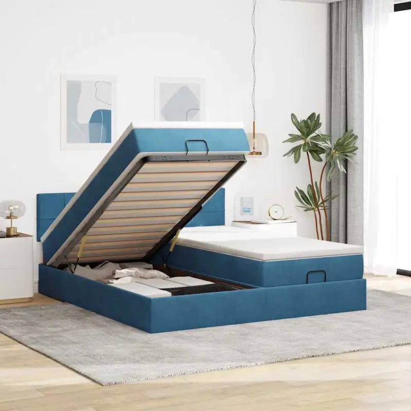 Ottomaanse bed met ruime opbergruimte en roze materiaal vulling - Donkerblauw / 160 x 200 cm / Blok met vierkanten