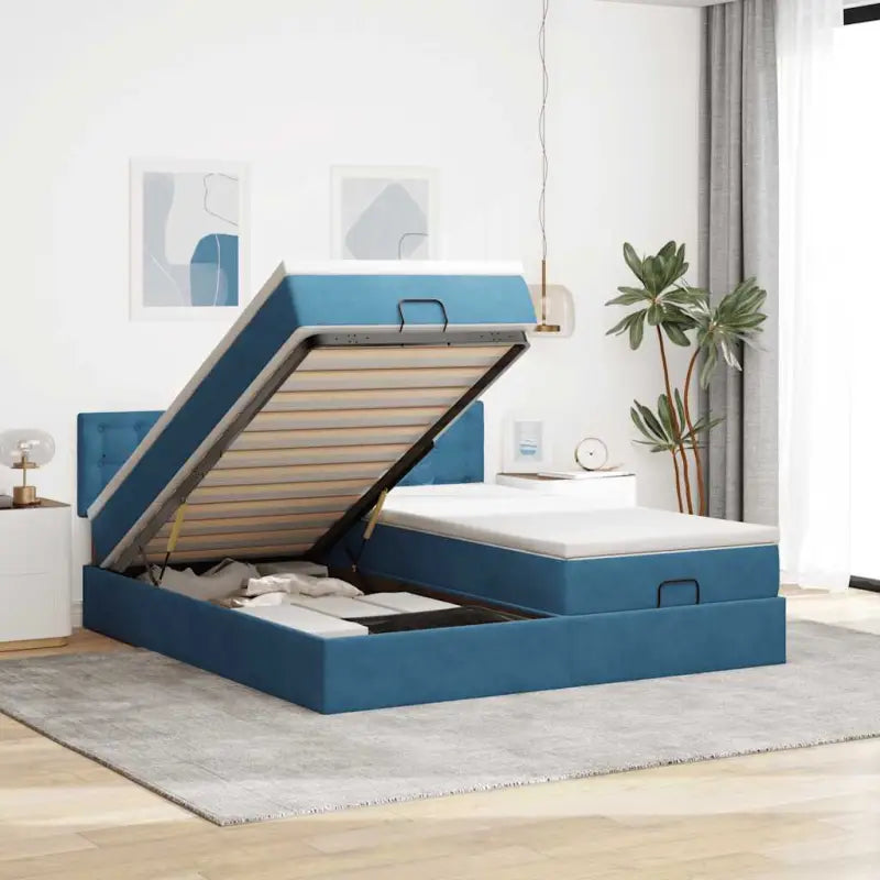 Ottomaanse bed met ruime opbergruimte en roze materiaal vulling - Donkerblauw / 200 x 200 cm / knopen - Bedden &