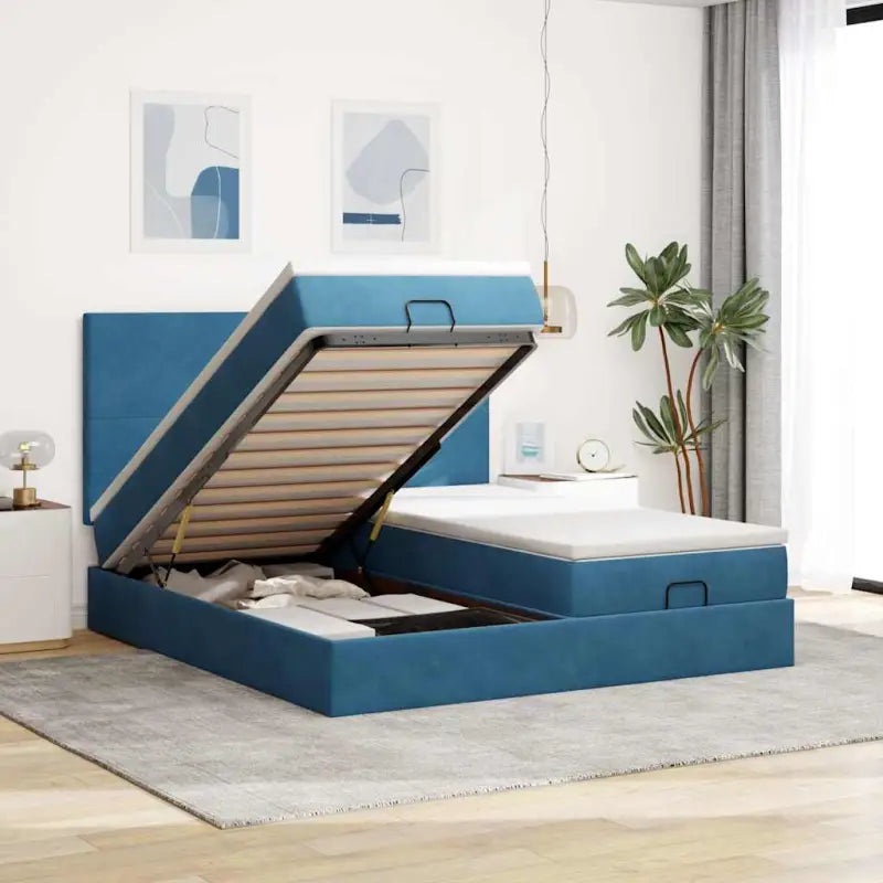 Ottomaanse bed met ruime opbergruimte en zwart materiaal - Donkerblauw / 160 x 200 cm / Effen ontwerp - Bedden &