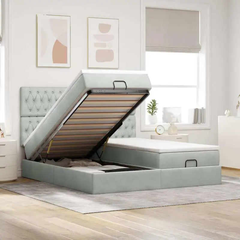 Ottomaanse bed met ruime opbergruimte en zwart materiaal - Lichtgrijs / 180 x 200 cm / Getuft ontwerp - Bedden &