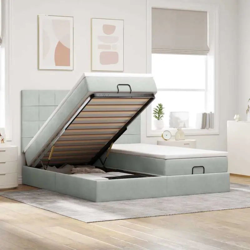 Ottomaanse bed met ruime opbergruimte en zwart materiaal - Lichtgrijs / 160 x 200 cm / Blok met vierkanten - Bedden &