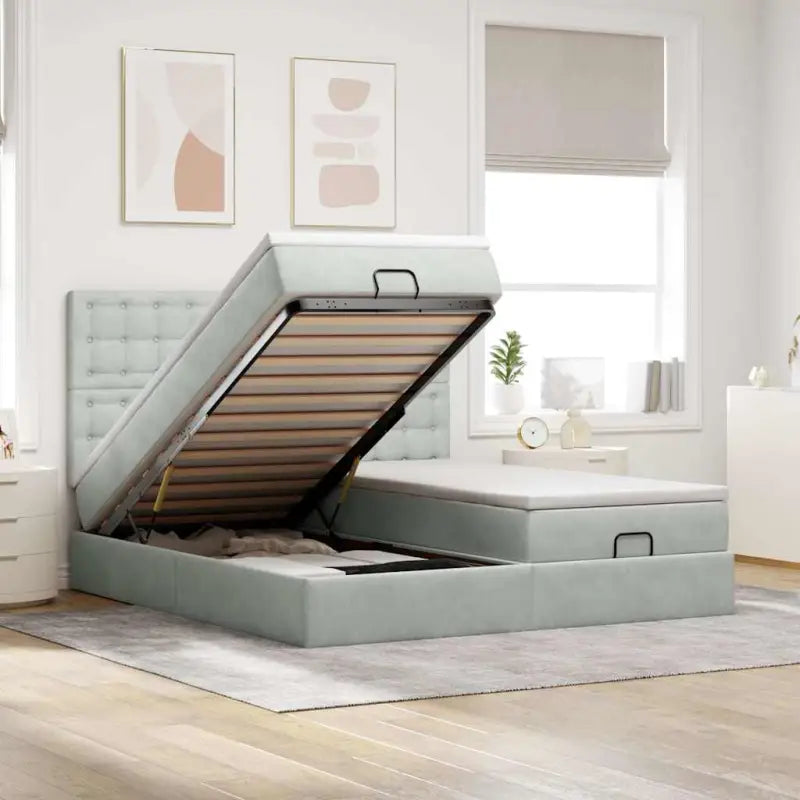 Ottomaanse bed met ruime opbergruimte en zwart materiaal - Lichtgrijs / 180 x 200 cm / knopen - Bedden & bedframes