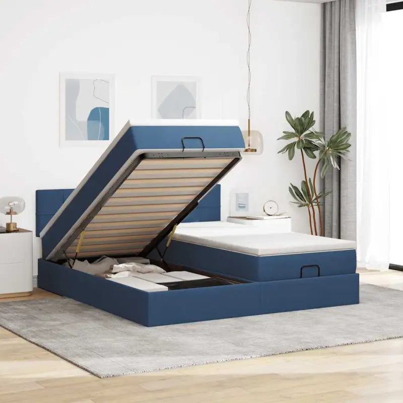 Ottomaanse bed met ruime opbergruimte in lichtgrijs materiaal - Blauw / 180 x 200 cm / Blok met vierkanten - Bedden &
