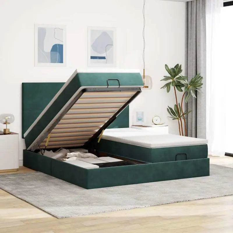 Ottomaanse bed met ruime opbergruimte in zwart materiaal - Donkergroen / 200 x 200 cm / Effen ontwerp - Bedden &