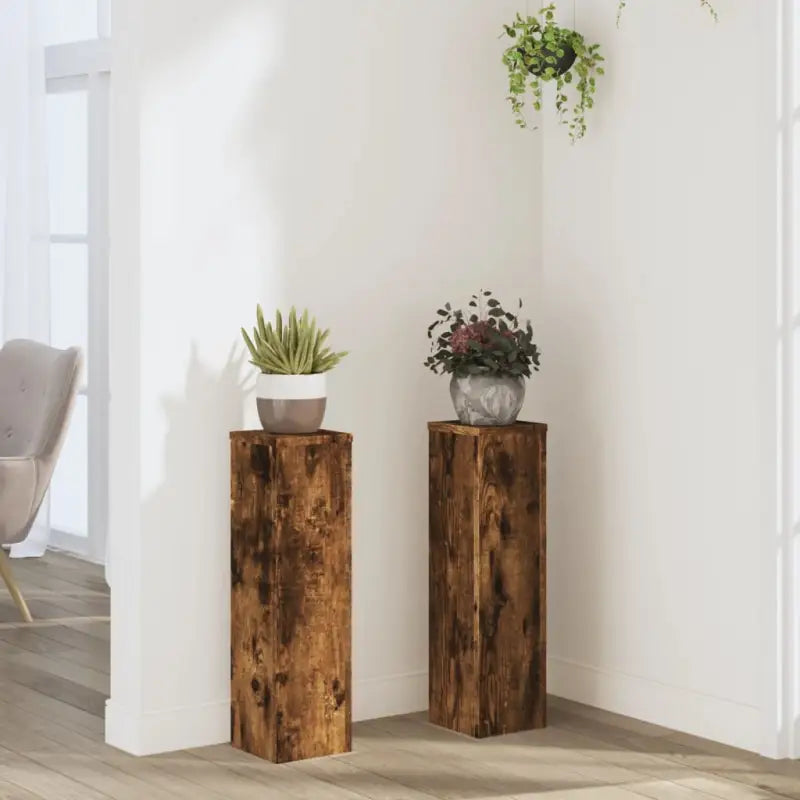 Plantenstandaarden van bewerkt hout voor planten en andere decoraties - Gerookt eiken / 17 x 17 x 60 cm / 2