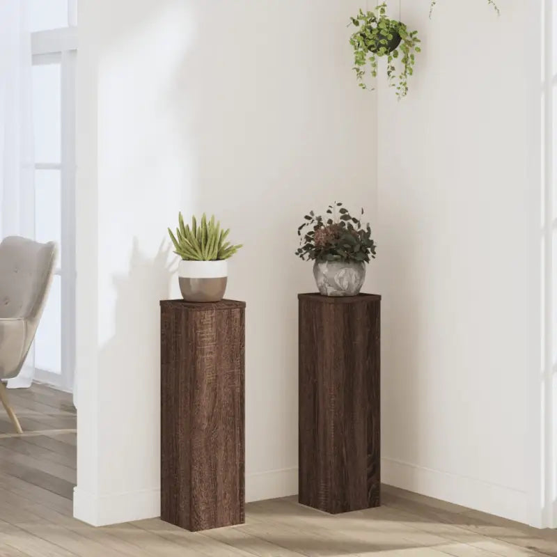 Plantenstandaarden van bewerkt hout voor planten en andere decoraties - bruin eikenkleur / 17 x 17 x 60 cm / 2