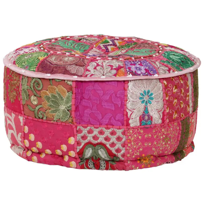 Poefs met Patchwork Ontwerp en Prachtige Borduursels in Vintage Stijl - Roze / 1 - Poefs