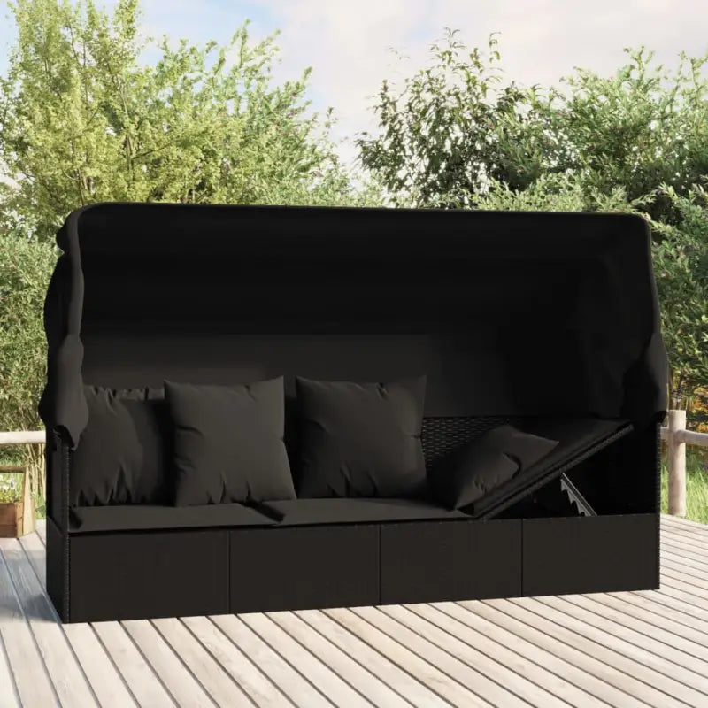 Poly Rattan Ligstoelen met Luifel en Kussens voor Buitenplezier - Zwart / 1 - Ligstoelen