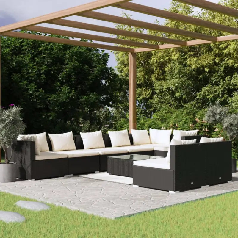Poly Rattan Lounge Set met Waterbestendig Materiaal en Diepte Zitting - Zwart en crème / 3x hoek + 5x midden + Tafel