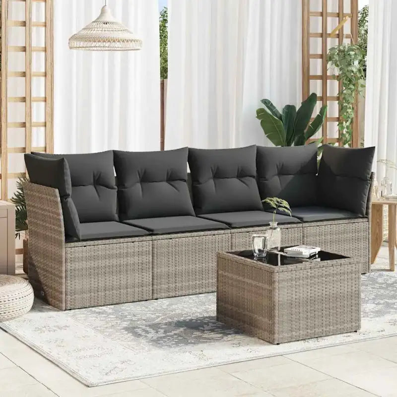 Poly rattan loungeset met comfortabele zitervaring en gepoedercoat staal - Lichtgrijs / Met tafel - Tuinsets