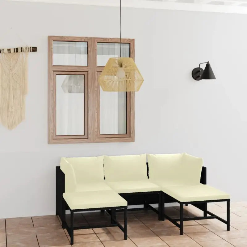 Poly rattan loungeset met diepte zitting en comfortabel materiaal vulling - Zwart / 2x hoek + midden + 2x voetensteun
