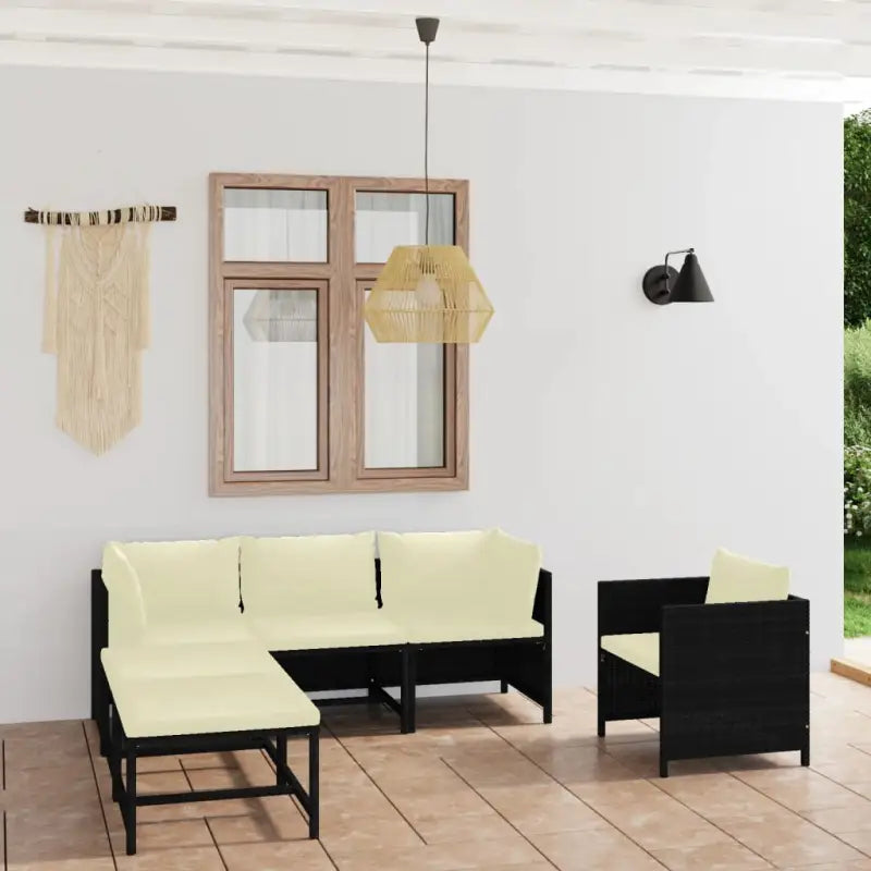 Poly rattan loungeset met diepte zitting en comfortabel materiaal vulling - Zwart / 2x hoek + midden + Fauteuil + 2x