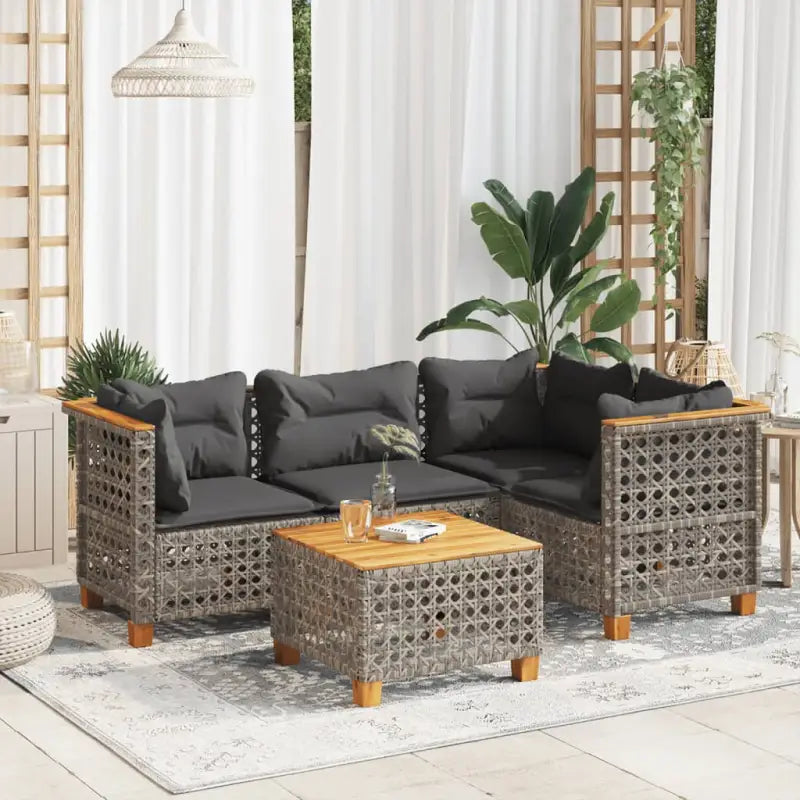 Poly Rattan Tuinset met Natuurlijke Olieafwerking en Comfortabele Zitervaring - Grijs / Met tafel / gat weven - Tuinsets