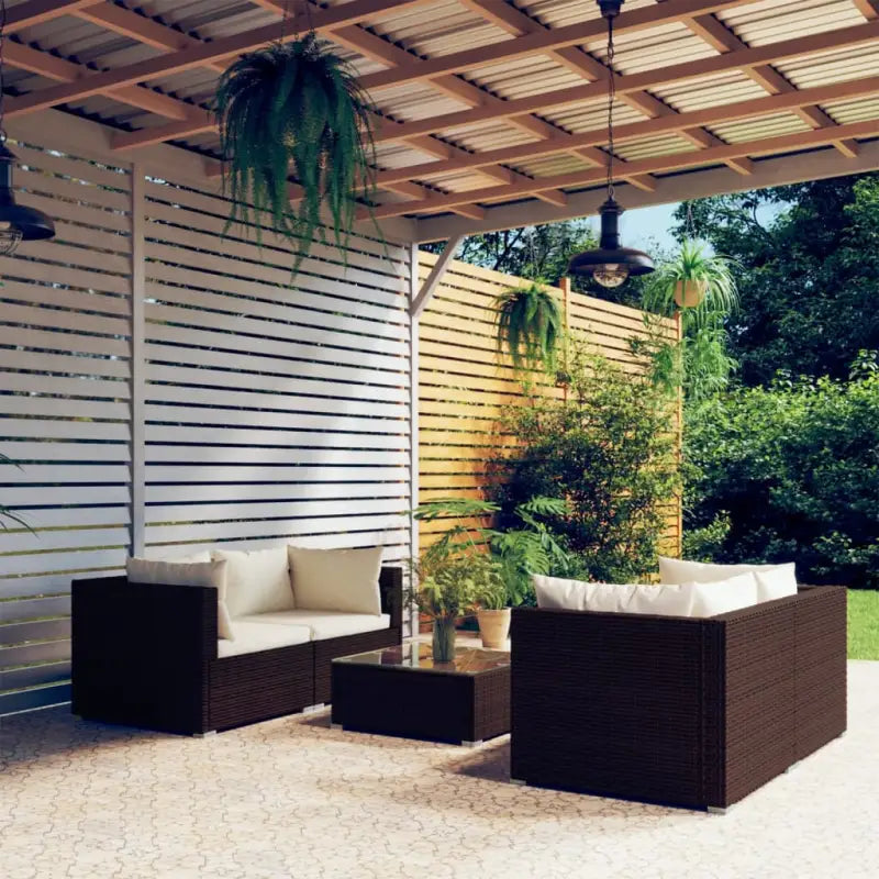 Poly Rattan Tuinset voor Familie en Vrienden Met Modulair Ontwerp - Bruin en crème / 4x hoek + Tafel - Tuinsets