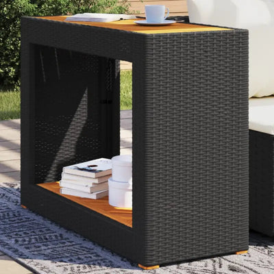 Poly rattan garden table with wooden top, simple, clean and versatile