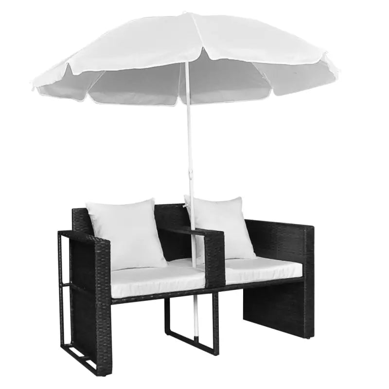 Rattan Loungeset met parasol voor in de tuin - Zwart en wit - Tuinbedden