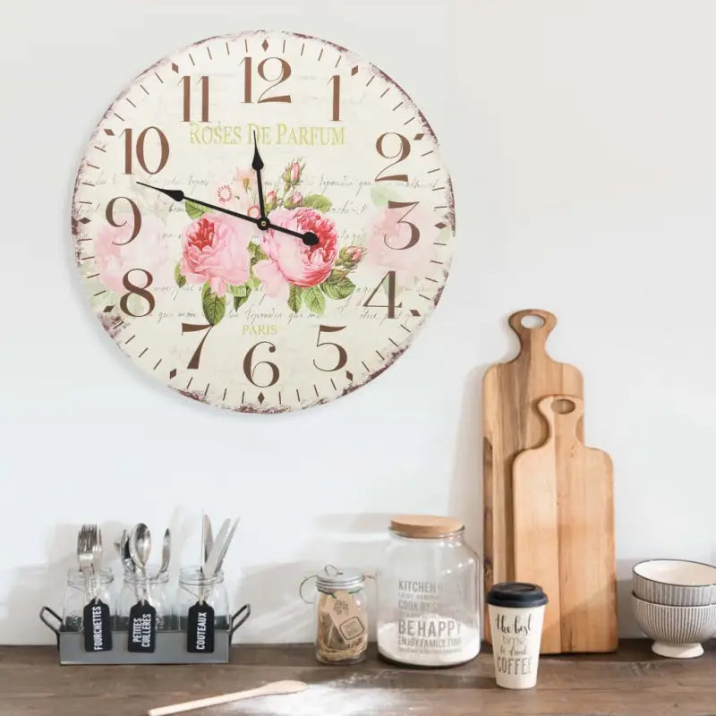 Retro wandklok voor keuken of woonkamer met grote wijzerplaat - Gebloemd / 60 cm - Wandklokken