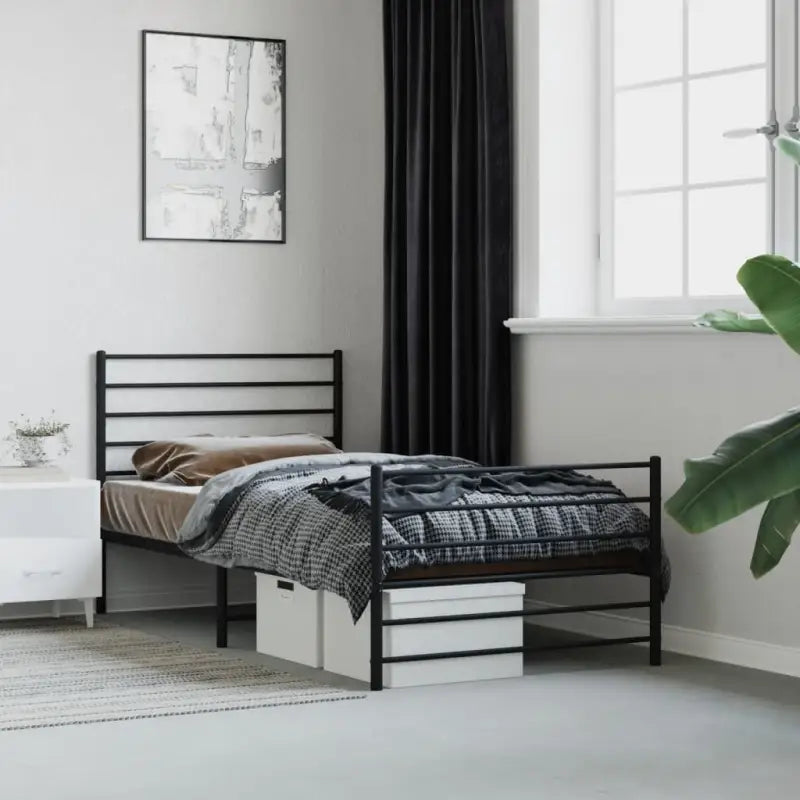 Robuust metalen latten bedframe met extra opbergruimte in klassiek design - Zwart / 90 x 190 cm / met hoofdbord &