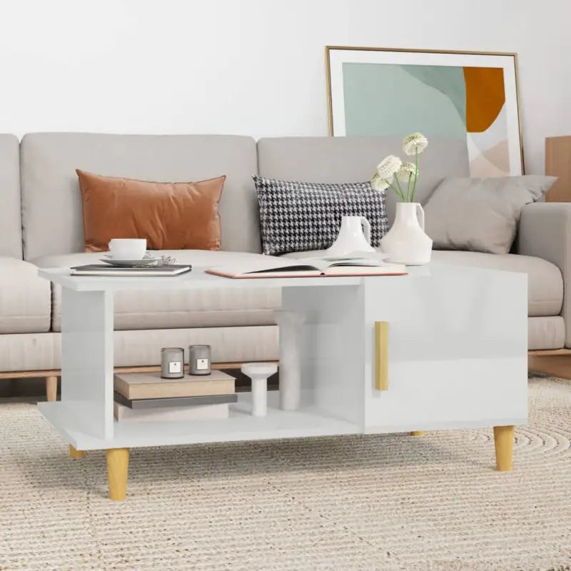 Salontafel in hoogglans wit met bewerkt hout voor een elegante woonkamer - Salontafels